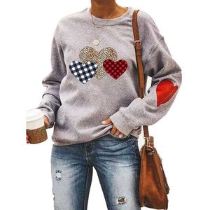 Dames Hoodies Valentine Plaid Leopard Sweatshirt Print Hart Tops Lange Mouw O Hals Pullover X0721