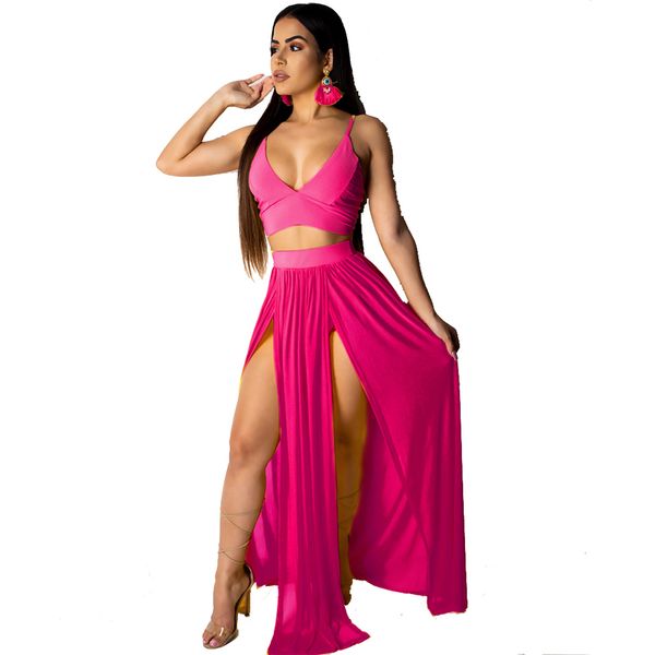 Femmes Hot Fashion Deux Pièces Robe D'été Vêtements De Bain Sexy Solide Crop Tops Jupes Longues Beach Wear Maxi Dress