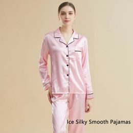 Vrouwen ijs zijdeachtige pyjama's slaapkleding nachtkleding roze zwart l xl xl XXL lange mouwen shirt en broek massieve kleur casual glad 240410