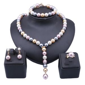 Ensemble de bijoux pour femmes, Bracelet à breloques en perles d'imitation, boucles d'oreilles, bague, collier, cadeau d'anniversaire, de fête de mariage