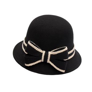 Chapeau seau en feutre de laine pour femmes, avec bord, nœud féminin, chapeaux de pêche, disquette plus chaud, solide, Caps201c