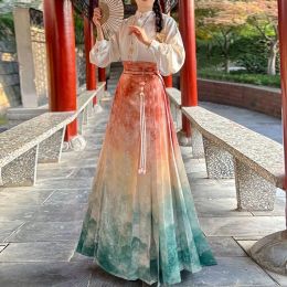 Hanfu amélioré pour femmes, jupe plissée taille haute, visage de cheval, chemisier, Costume traditionnel chinois Vintage de la dynastie Ming