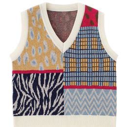 Femmes irrégulière contraste couleur léopard lâche tricot gilet col en V sans manches mode printemps automne vêtements C-151 220719