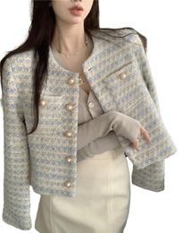 Dames jassen blauw kleurblok o-neck single breasted tweed wollen desinger short coat sml