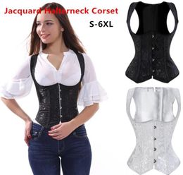 Vrouwen Jacquard Halterneck Underbust Corset Vest Spiraalvormig stalen boned body Shaper taille cincher Slimming corselet plus maat S6XL BLA9309449