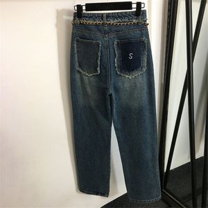 Pantalon en Jean pour femme avec ceinture à la taille, lettres brodées au dos, décontracté, taille haute, pour jeune femme