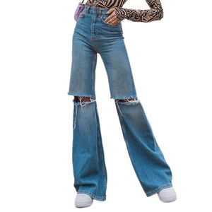 Femmes Jeans Denim Taille Haute Bouton Up Lâche Large Jambe Poche Street Fashion Dames Chic Trou Pantalon 210522