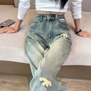 dames jeans designer jeans damesen Amerikaanse brief geborduurde grafische broeken casual hoog taille slanke gewassen stretch rechte poten 273U