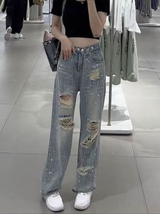 Dames jeans designer broek zomer nieuwe hoge taille geperforeerde casual broek ontwerp sense diamant flash rechte been brede poot vloer sleepbroeken Instagram jeans