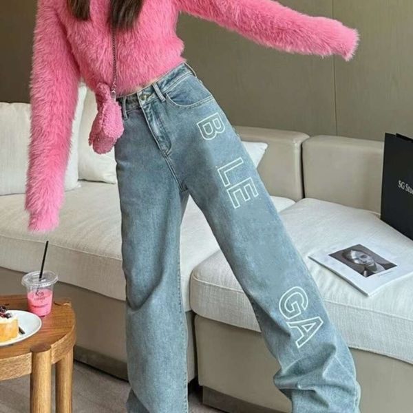 Pantalon de créateur en jean pour femme, pantalon en denim avec lettre graphique, taille haute, ample, effiloché, jambe droite