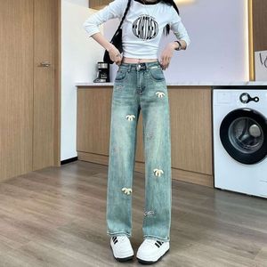 Dames jeans ontwerper dames Amerikaanse brief geborduurde grafische broeken casual hoog taille slanke gewassen stretch rechte benen