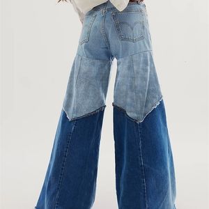 Dames jeans high wasit plus size casual denim patchwork colorblock pocket wide been jeans veer vrouwelijke broek broek 240320