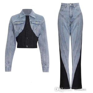 Costume pantalon en jean pour femmes, nouvelle collection printemps, Patchwork noir et blanc, Denim court et pantalon taille haute à jambes droites