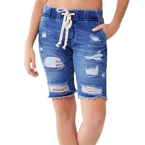 Vrouwen jeans scheurde elastische taille mid -rise asymmetrische zoom denim shorts wrap knop voorste stretchy casual Jean short