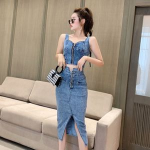 Femmes Jeans Ensembles Spaghetti sangle haut court gilet et Denim jeans Jupe 2 pc robe Costume SML