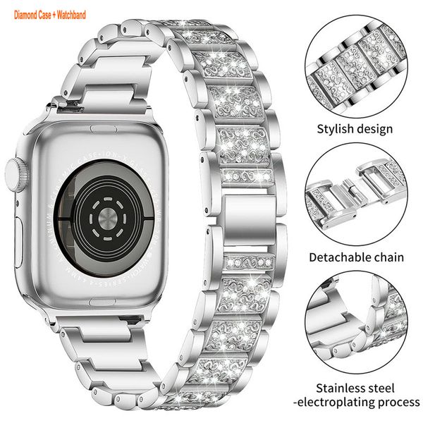 Femmes Bijoux Bling Diamond Cases avec strass Bracelets en métal de remplacement pour Apple Watch Band 38mm 40mm 41mm 42mm 44mm 45mm iWatch Series 8 7 6 5 4 3 2 1 smartwatch band