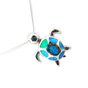 Collier tortue de mer pour femmes, bijoux à la mode, pendentif opale de feu, opale mexicaine, estampillé 925