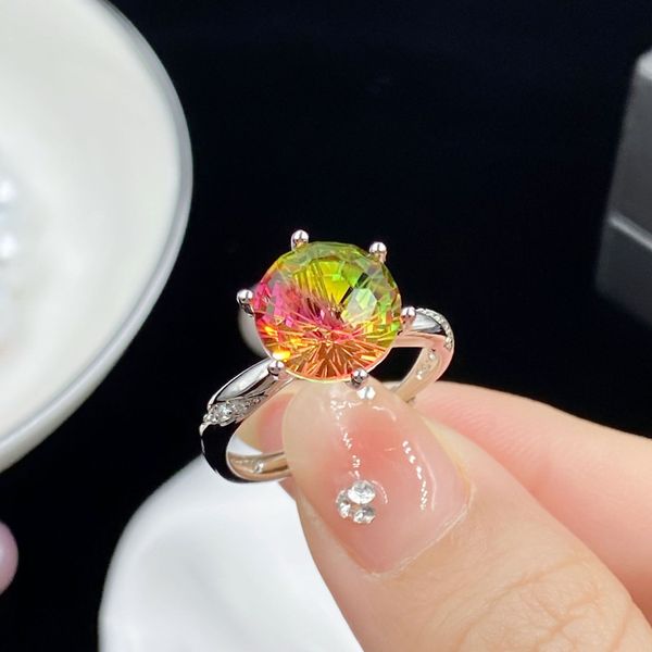 Bijoux pour femmes, Simulation de pastèque, Tourmaline colorée, zircon, diamant, or blanc, bague ouverte, bijoux de fête pour petite amie, cadeau d'anniversaire réglable