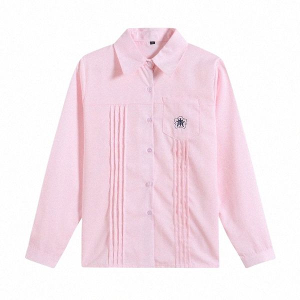 Femmes JK Uniforme Chemise Preppy Style Rose Blanc Été 2021 Nouveau Lg Manches Brodées Lâche Casual Tops School Girl Outfit XXL Q4un #
