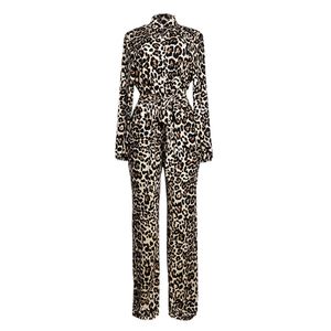 Femmes combinaison et barboteuses automne imprimé léopard manches longues pleine longueur pantalon ceintures élégantes dames bureau fête XL 210527