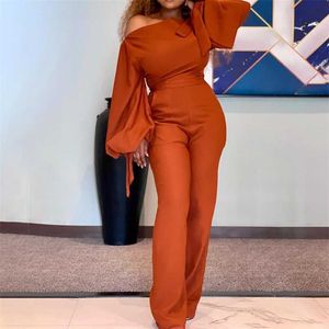 Dames Jumpsuit Solid Off Shoulder Hoge Taille Lange Lantaarn Sleeves Office Dames Elegante Vrouwelijke Afrikaanse Mode Plus Size XXL 211119