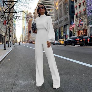 Dames Jumpsuit Stand Collar Lantern Sleeve Rompertjes Womens Simple Temperament Hoge taille Long White 210524