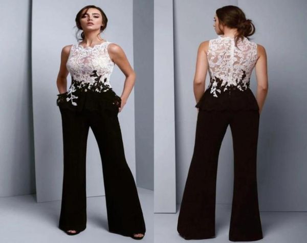 Monos para mujer, vestidos de fiesta 2020, vestidos de noche de encaje blanco y negro con bolsillos, vestido Formal largo de Arabia Saudita, trajes de pantalón sexys 7875314