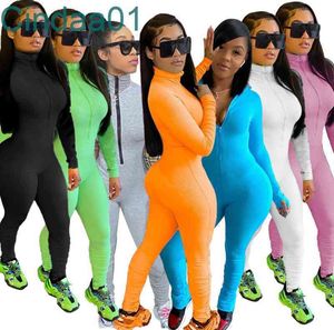 Vrouwen jumpsuits deisgner slanke sexy effen kleur bodycon romper lange mouw bodysuit rits turtleneck elegante volledige lengte DHL 7 kleuren