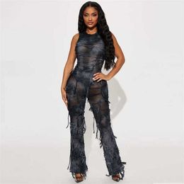 Dames Jumpsuits Designer 2023 NIEUWE FASOM TIE geverfd strakke mouwloze Tassel Elastic Rompers 2 kleuren