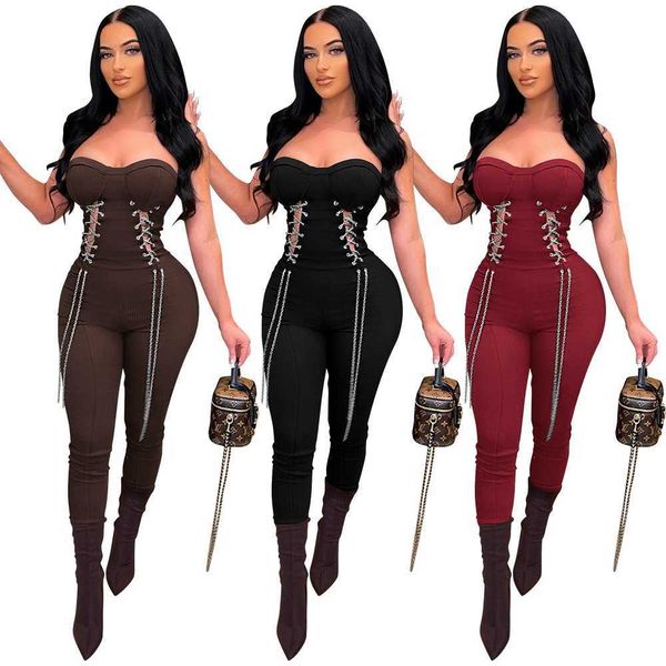 Mujeres Jumpsuits Designer 2023 New Slim Sexy Bra Side Corn-Metal Cadina Collar Relajero Relacionista 3 Colors S-XXL