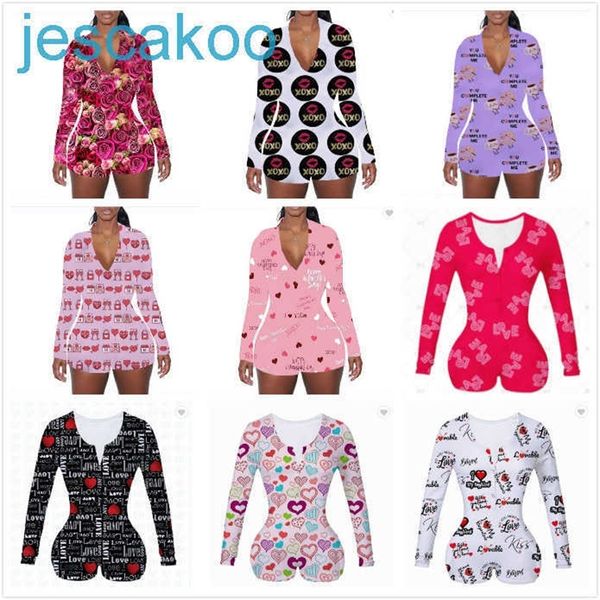 Monos de mujer Pijamas de diseñador Onesies Regalo de San Valentín Ropa de dormir Mono de entrenamiento Botón Estampado de leopardo con cuello en V Mamelucos cortos para mujer