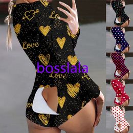 Dames Jumpsuits Designer Valentine Day Printing Pyjama Lange Mouw Bodysuit Nightwear Training Button Back Flap Shorts Rompertjes