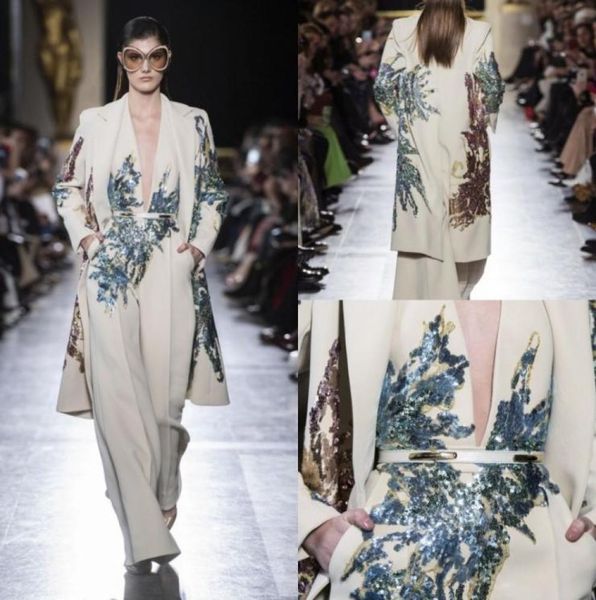 Femmes Jumps Assocites Elie Saab 2019 Robes de soirée avec veste de profondeur V Col à paillettes Perles de bal Robes de fête à manches longues en satin 3288280