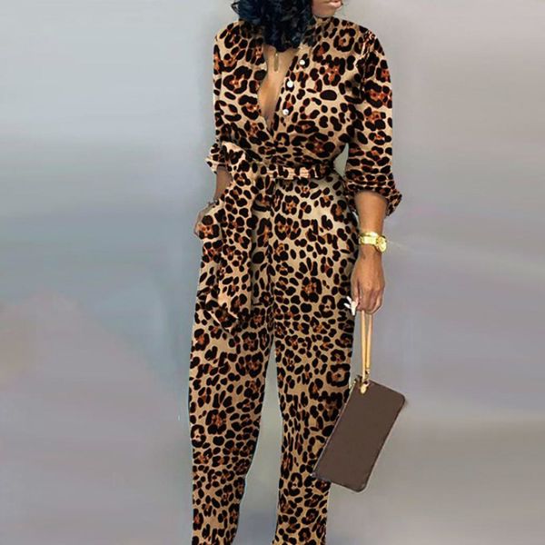 Tute da donna maniche lunghe con stampa leopardata abbottonata con cintura in vita moda casual pagliaccetto femminile tute da donna africane 210416