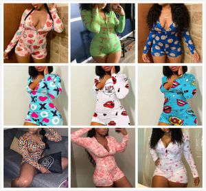 Dames jumpsuits broek rompers ontwerper pyjama onesies nachtwear bodysuit workout knop skinny print vneck short5201706