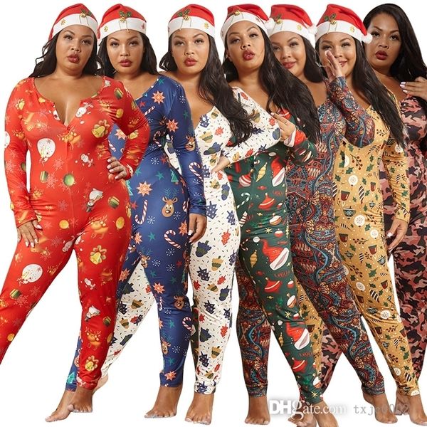 Femmes Combinaisons Barboteuses Designer Noël Imprimé Pyjama Onesies Mode Manches Longues Maigre Body Grande Taille Vêtements De Nuit