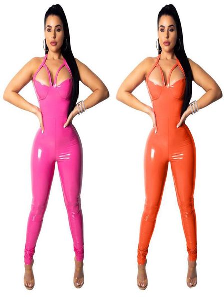 Mujeres Jumpsuits Sexy Night Club Stretch PU Leather Sling String Jumpsuit naranja rosa 2 colores 4637872
