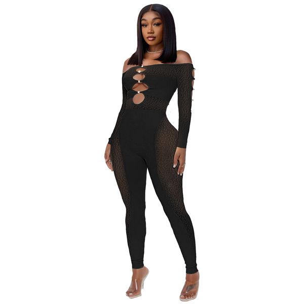 Monos de mujer Sexy con hombros descubiertos Estampado de leopardo Malla transparente Bodycon Pantalones Monos Hollow Out Rompers Clubwear