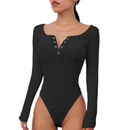 Vrouwen jumpsuits magere henley shirts sexy v nek body vormgeven jumpsuit knop naar beneden gebreide rompers lange mouw bodysuits