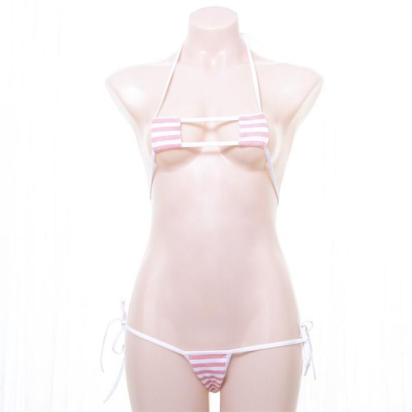 Femmes Kawaii blanc rayé Mini coupe carrée string à bretelles Micro Bikini ensemble costume de sexe Cosplay Sexy Lingerie Costumes337L