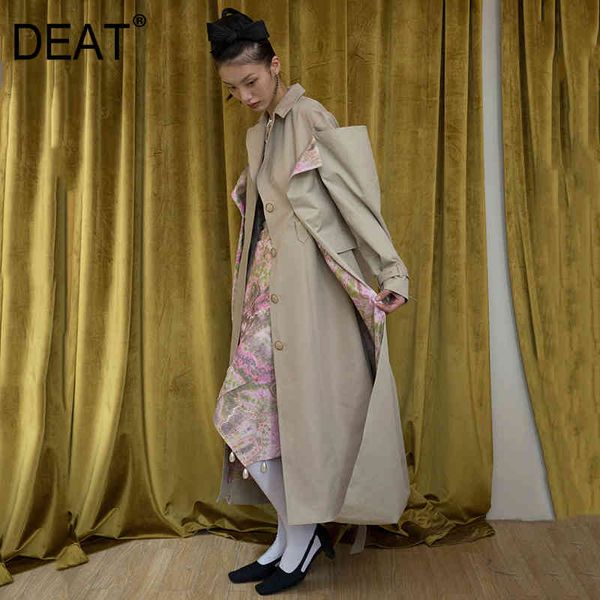 Femmes Kaki Imprimé Vent Long Trench Revers Manches Lâche Coupe-Vent Mode Marée Printemps Et Automne 1DA92904 210421