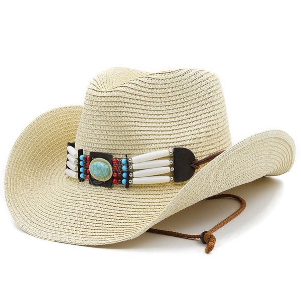 Chapeau de Cowboy avec ceinture Turquoise pour femmes, casquette de plage souple, chapeaux de paille d'été, Protection UV pour dames, casquettes de soleil Panama pour hommes