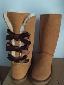 Bottes de neige aux genoux pour femmes et enfants, nouveau Design, bottes à 3 nœuds papillon en cuir fendu de vache, pour filles et enfants