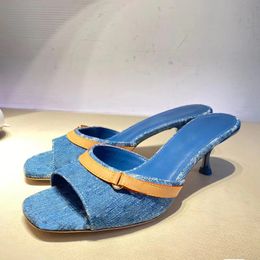 dames kitten hak designer slippers runway 2024 lente zomer nieuw aankomen hoge kwaliteit denim vrouwelijke hoge hak muilezels buiten slijtage dagelijkse outfit jurk slippers