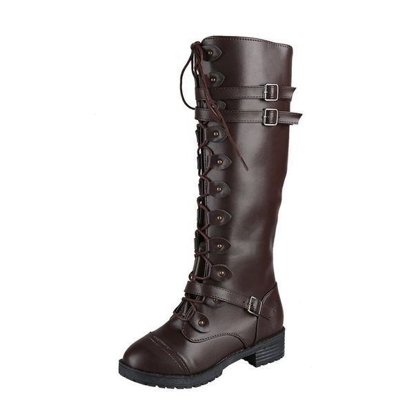 Femmes genou bottes hautes automne hiver chaussures plates à lacets Sexy Steampunk PU rétro boucle femmes chaussures dames bottes de neige pour les filles chaussures de fête