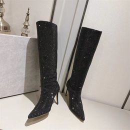 Femmes bottes en cuir à hauteur de genou avec des bottes pointues de mode de mollet large noir femme bottes longues sexy chaussures pour femmes d'hiver avec taille de diamant 35-41