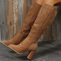 Vrouwen knie suede 337 dames solide puntige teen hoge hiel vrouwelijke herfst winterzijde ritssluiting long laarzen bota feminina 240407