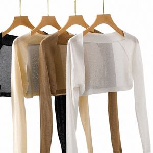Femmes Tricot Crop Top Lg Manches Shrug Pull Mesh Cover Ups Cardigan Mince Streetwear Cape Été Châle E1Lu #