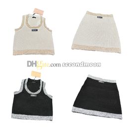 Damen Strick Crop Top U-Ausschnitt Tank Tops Sexy Eng gestrickter Rock Designer Zweiteiliges Set Kleid