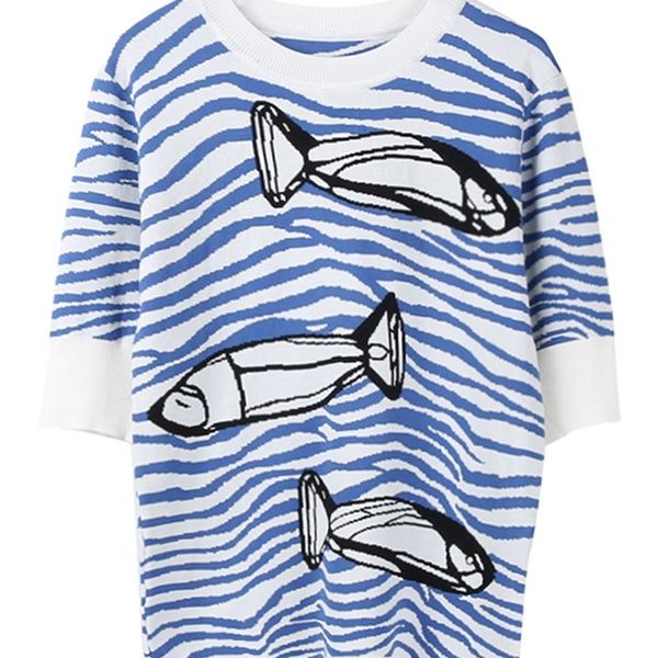 Femmes tricoté Animal Jacquard poisson vague hauts à rayures printemps t-shirts piste conception pull demi manches pulls haut B-063 220511